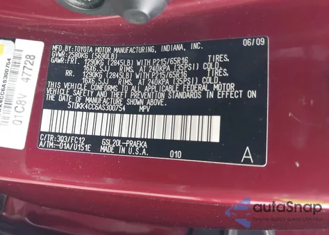 2010 Toyota Sienna Le из США, поврежденный, VIN 5TDKK4CC6AS300754